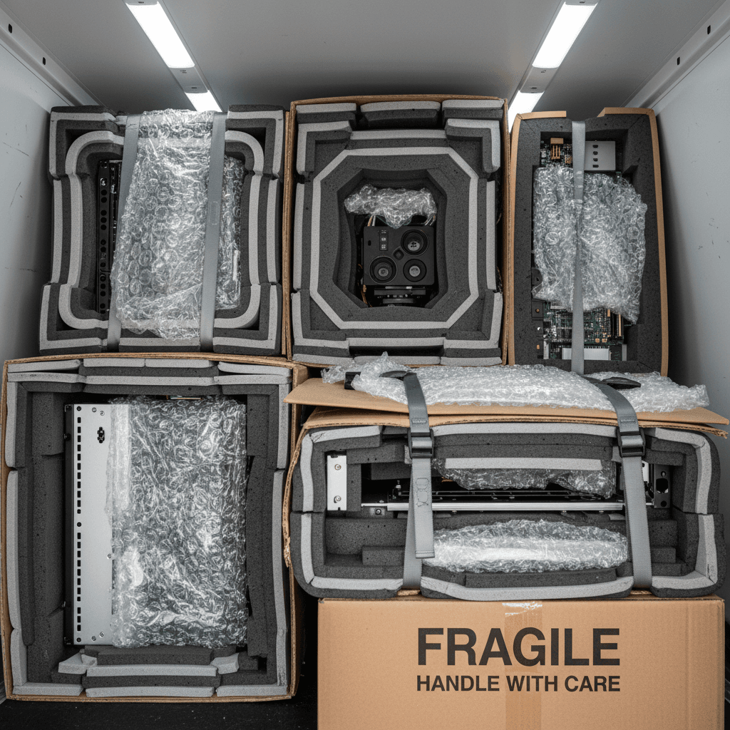 Fragile electronics wrapped in protective packaging