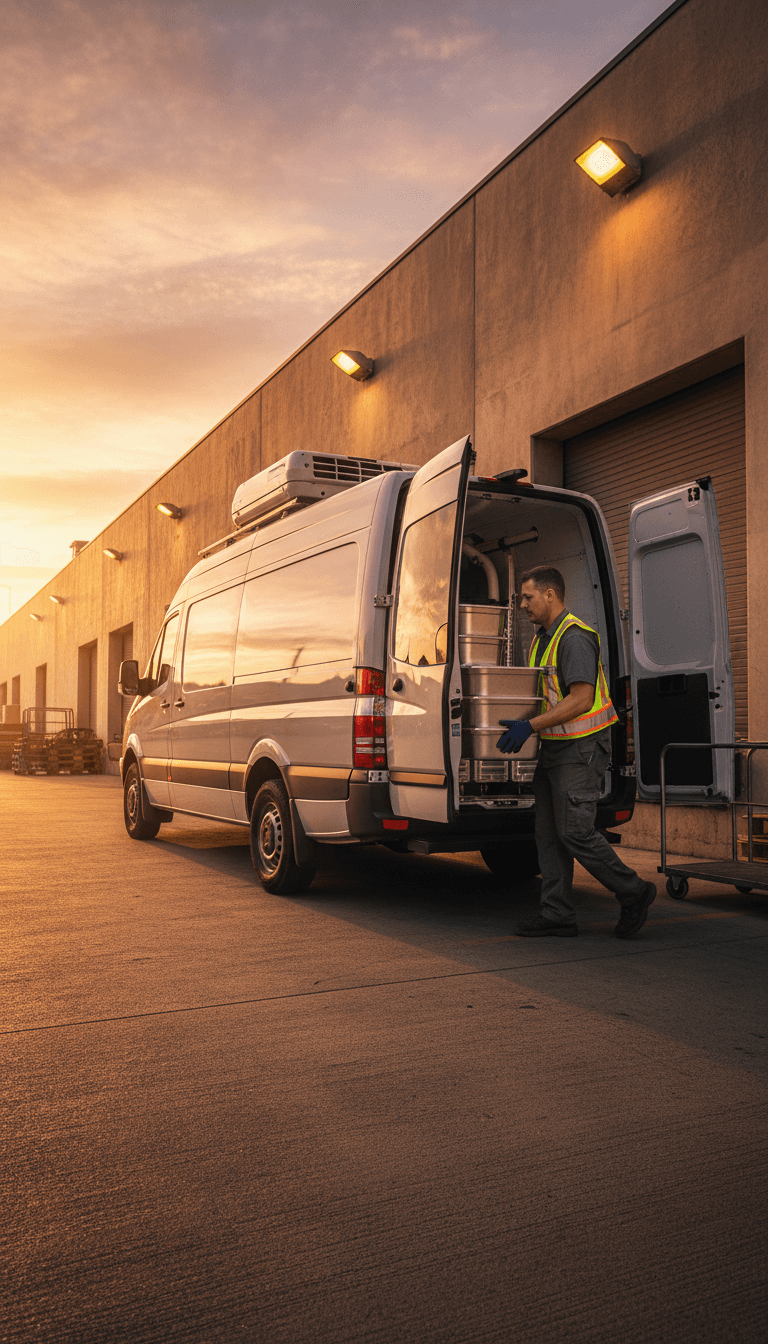 Refrigerated delivery van loading temperature-controlled food shipment