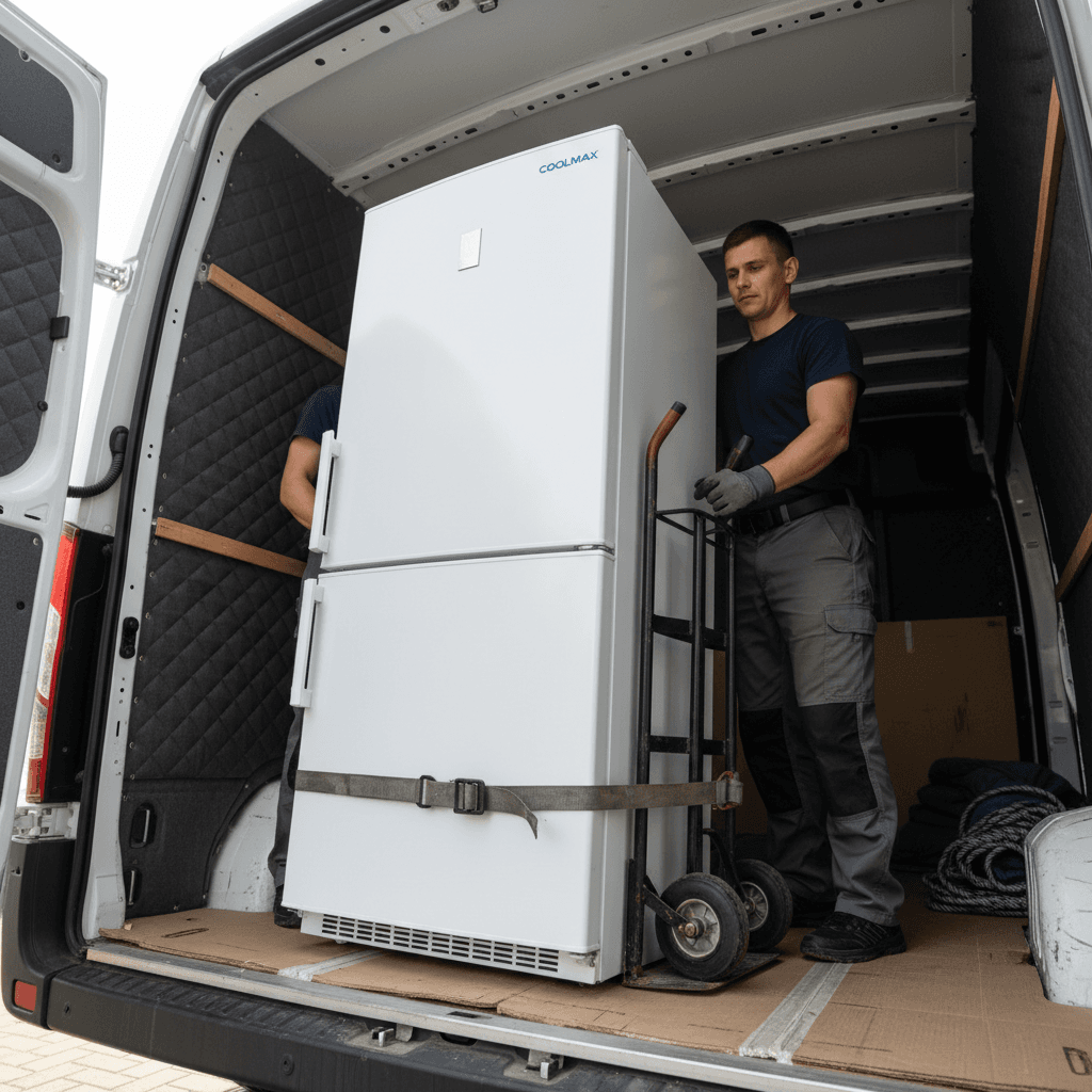 Large appliance being loaded with professional care