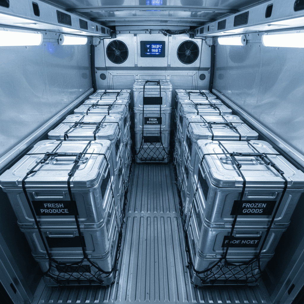Refrigerated cargo van interior showing organized temperature-controlled food shipment