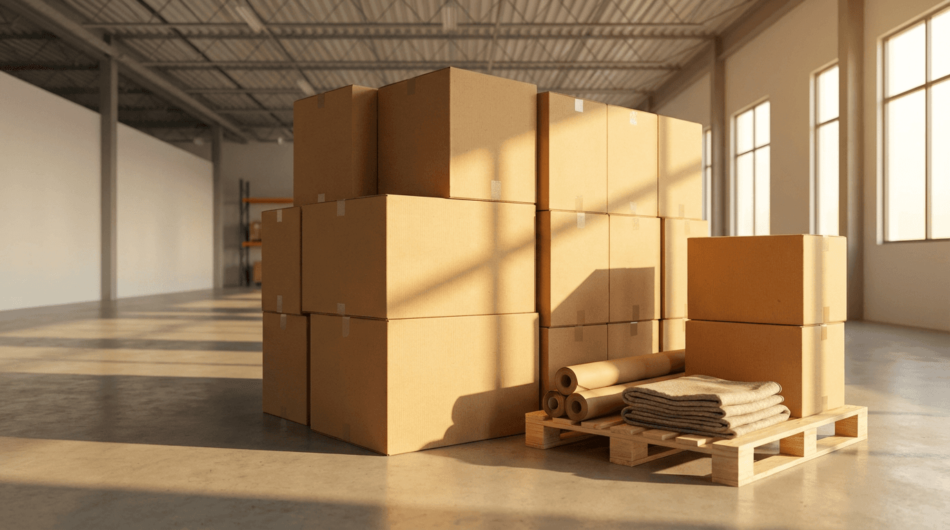 Golden-lit warehouse with neatly stacked cardboard boxes and packing materials, professional moving and storage aesthetic.