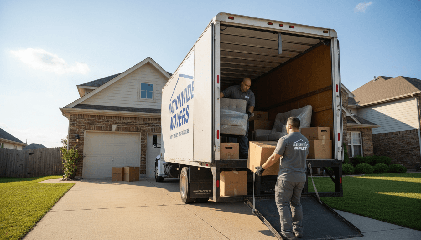 Branded cargo van parked at residential moving location
