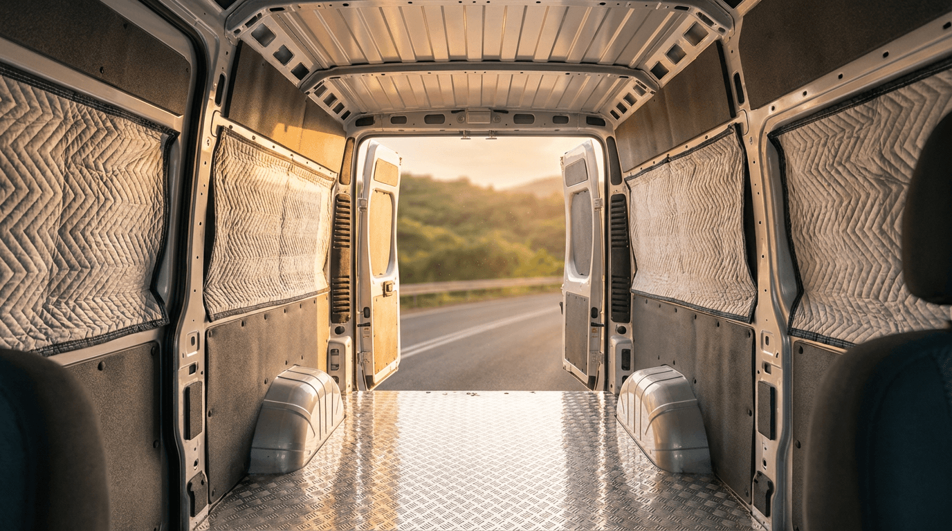 Modern moving truck interior with protective blankets and clean cargo space, golden light streaming through open doors.